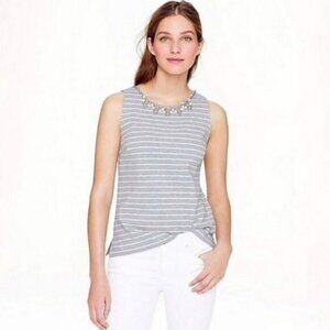J. CREW / Striped Jeweled Neckline Tank Top Gray & White Sleeveless Sz S
